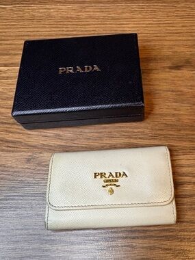 Prada Cream Saffiano Leather Key Wallet with Gold Logo and Box